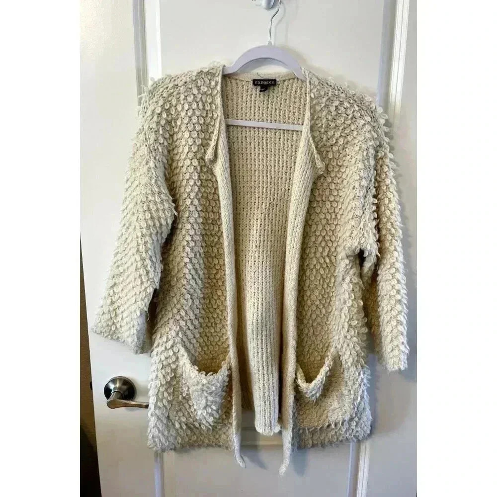 Express Cardigan Open Front Sweater Cream Wool Chunky Knit Looped Knit Size XS